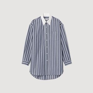 Sandro Navy and White Vertical Stripe Dress Shirt with Contrast Collar